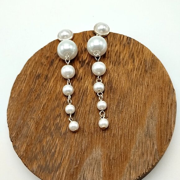 Long Faux Pearl Drop Dangle Earrings Silver Tone Chain Statement - Picture 5 of 11